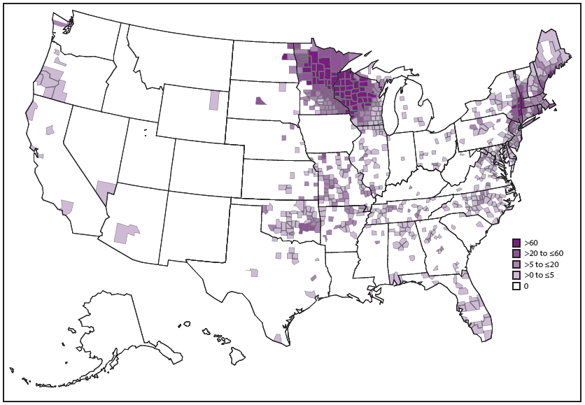This figure is a map showing the reported incidence rate of anaplasmosis, by county, in the United States during 2000&ndash;2013, as reported through national surveillance, per 1,000,000 persons per year. Cases are reported by county of residence, which is not always where the infection was acquired.