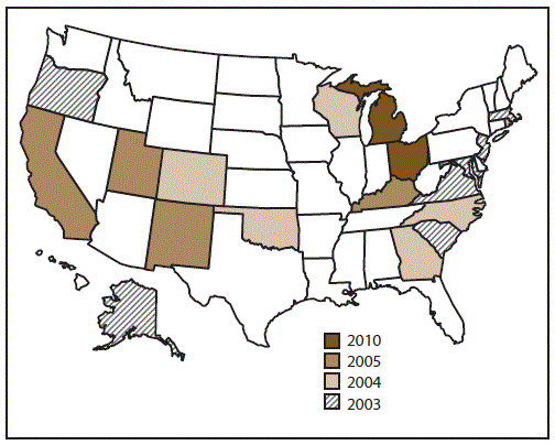 Outline map of the United States shows states participating in the National Violent Death Reporting system by year of initial data collection for the years 2003&ndash;2013. In 2003, Alaska, Maryland, Massachusetts, New Jersey, Oregon, South Carolina, and Virginia began data collection. In 2004, Colorado, Georgia, North Carolina, Oklahoma, Rhode Island, and Wisconsin began data collection. In 2005, California, Kentucky, New Mexico, and Utah began data collection. In 2010, Ohio and Michigan began data collection. California concluded participation in 2009 and Michigan did not collect data statewide during 2013.