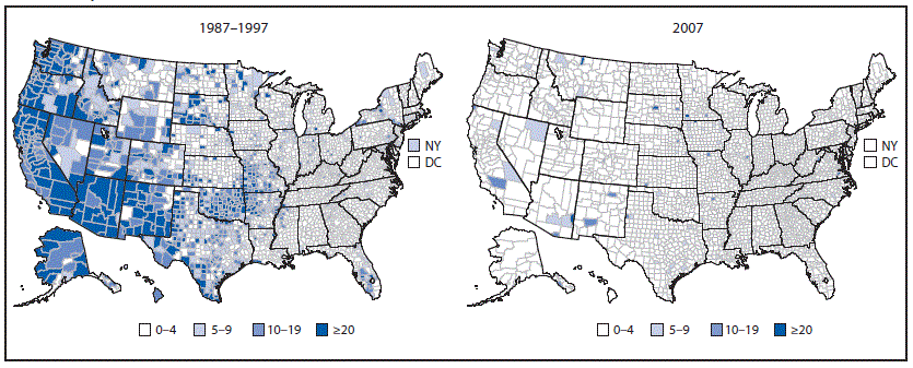 The figure shows two maps of the United States divided into counties. The left-hand map shows the rate per 100,000 population of reported acute hepatitis A cases during 1987&acirc;1997 (in the pre-vaccine era) and the right-hand map shows the average annual incidence of reported acute hepatitis A cases for 2007. Both maps use data from the National Notifiable Diseases Surveillance System.