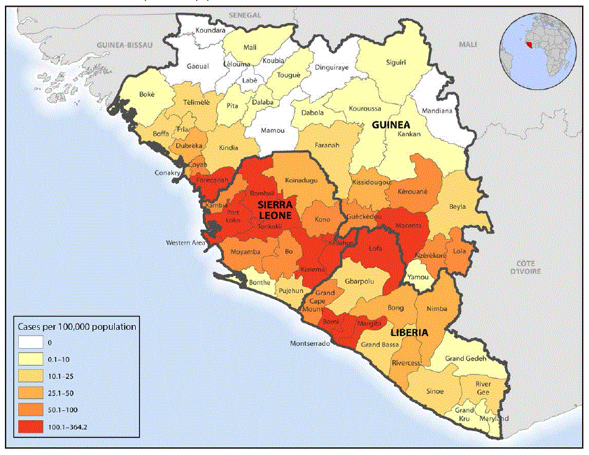 The map shows the number of cases of Ebola virus disease by prefecture (Guinea), county (Liberia), and district (Sierra Leone). The highest counts (100.1&ndash;364.2 cases per 100,000 population) were in 6 districts of Sierra Leone and 4 counties in Liberia. Two prefectures in Guinea had the highest counts; 8 prefectures had 0 cases and 10 had 0.1&ndash;10.0 cases per 100,000.