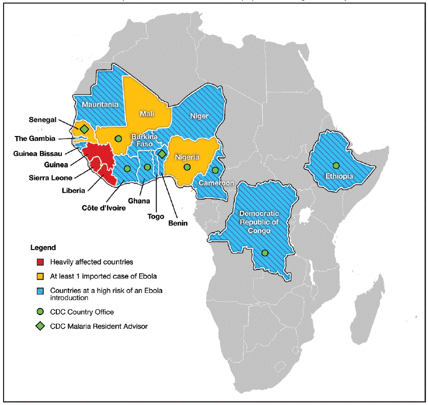 Countries heavily affected were Guinea, Sierra Leone, and Liberia; countries that experienced at least one Ebola case were Mali, Nigeria, and Senegal; countries at high risk of an Ebola introduction, in addition to Mali, Nigeria, and Senegal, were Benin, Burkina Faso, Cameroon, C&ocirc;te d&rsquo;Ivoire, Democratic Republic of the Congo (DRC), Ethiopia, Gambia, Ghana, Guinea Bissau, Mauritania, Niger, and Togo; countries with a CDC country office were Cameroon, C&ocirc;te d&rsquo;Ivoire DRC, Ethiopia, Ghana, Mali, and Nigeria; countries with a CDC malaria resident advisor were Benin and Senegal. The High-risk Countries Team was active from August 2014 through May 2015.