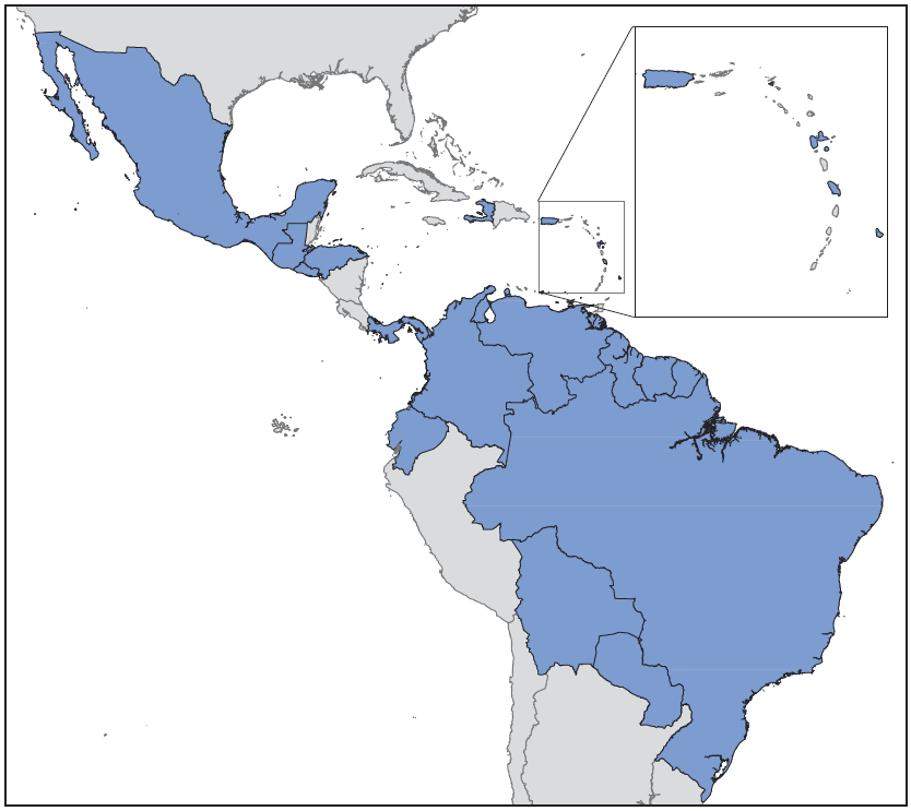 The figure above is a map showing countries and territories with documented local transmission of Zika virus infection reported to the Pan American Health Organization in the Region of the Americas during 2015&ndash;2016.