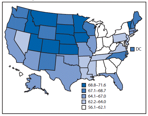 The figure above is a map showing age-adjusted percentage of adults in the United States who reported &ge;7 hours of sleep per 24-hour period, by state, during 2014.