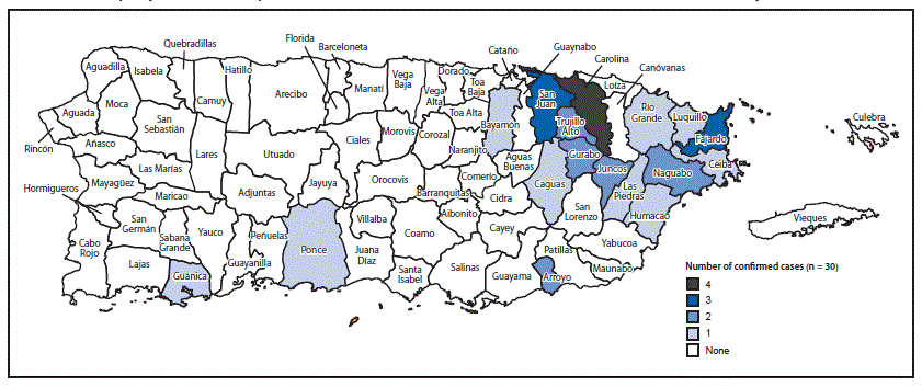 The figure above is a map of Puerto Rico showing municipality of residence of persons with Zika virus disease during November 23, 2015&ndash;January 28, 2016.