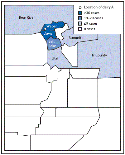 The figure above is a map showing the location of dairy A and distribution of Campylobacter jejuni cases, by local health department district, in Utah during May&acirc;November 2014.