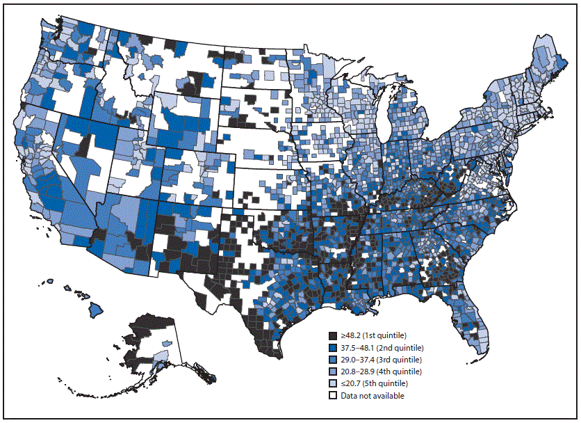 The figure above is a map showing births per 1,000 females aged 15&ndash;19 years, by county of residence, in the United States during 2013&ndash;2014.