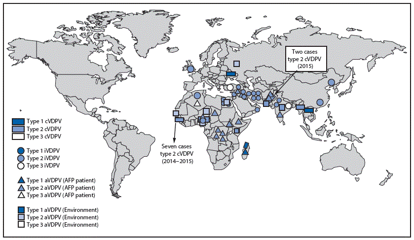 The figure above is a map of the United States showing vaccine-derived polioviruses detected worldwide during January 2015&ndash;May 2016.