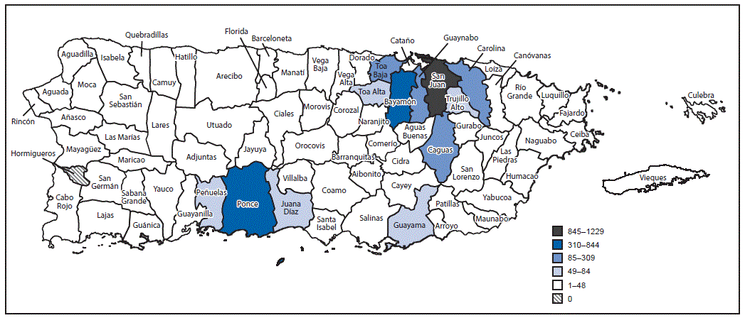 m6530e1f2.gif The figure above is a map of Puerto Rico showing the municipality of residence of persons with confirmed and presumptive Zika virus infection (n = 4,986) during November 1, 2015âJuly 7, 2016.