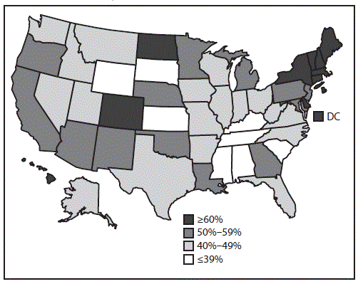 The figure above is a map of the United States showing estimated vaccination coverage with &ge;1 dose of HPV vaccine among male adolescents aged 13&ndash;17 years during 2015.