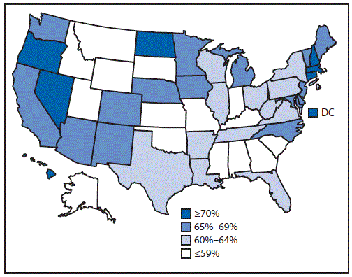 The figure above is a map of the United States showing estimated vaccination coverage with &ge;1 dose of HPV vaccine among female adolescents aged 13&ndash;17 years during 2015.