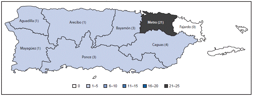 The figure above is a map of Puerto Rico showing reported cases of confirmed and suspected Guillain-Barr&eacute; syndrome in persons with evidence of Zika virus or flavivirus infection, by public health region of residence, during January 1&ndash;July 31, 2016.