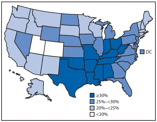 The figure above is a map of the United States showing the prevalence of self-reported physical inactivity among adults aged &acirc;&yen;50 years during 2014.