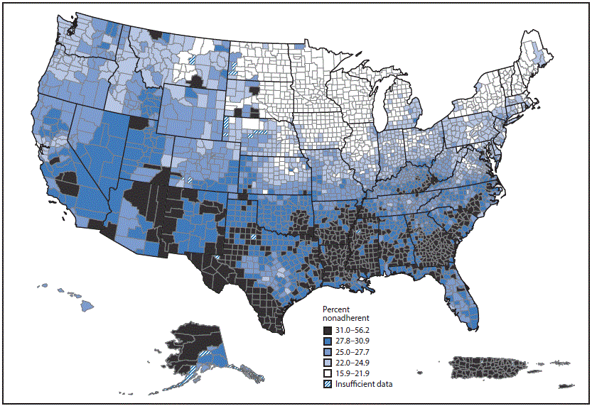 The figure above is a map showing antihypertensive medication nonadherence among Medicare Part D beneficiaries aged &ge;65 years, by county, in the United States, Puerto Rico, and U.S. Virgin Islands during 2014.