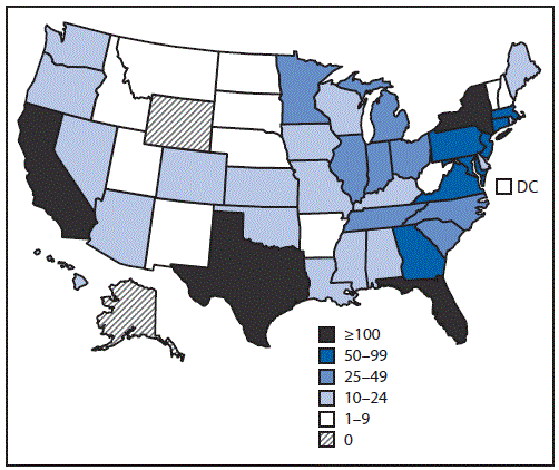 The figure above is a map of the United States showing the number of confirmed and probable Zika virus disease cases reported from states and the District of Columbia during January 1&acirc;July 31, 2016.