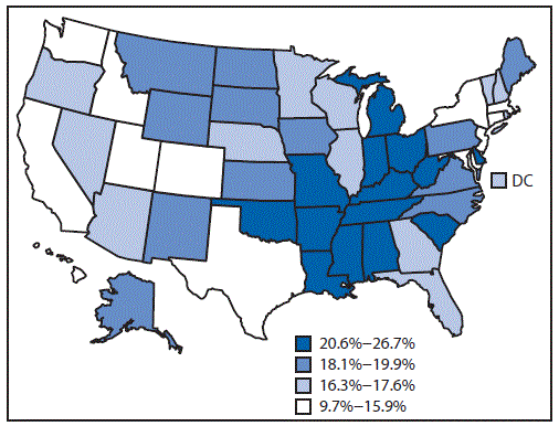 The figure above is a map of the United States showing state-specific prevalence of cigarette smoking among adults aged &acirc;&yen;18 years during 2014.