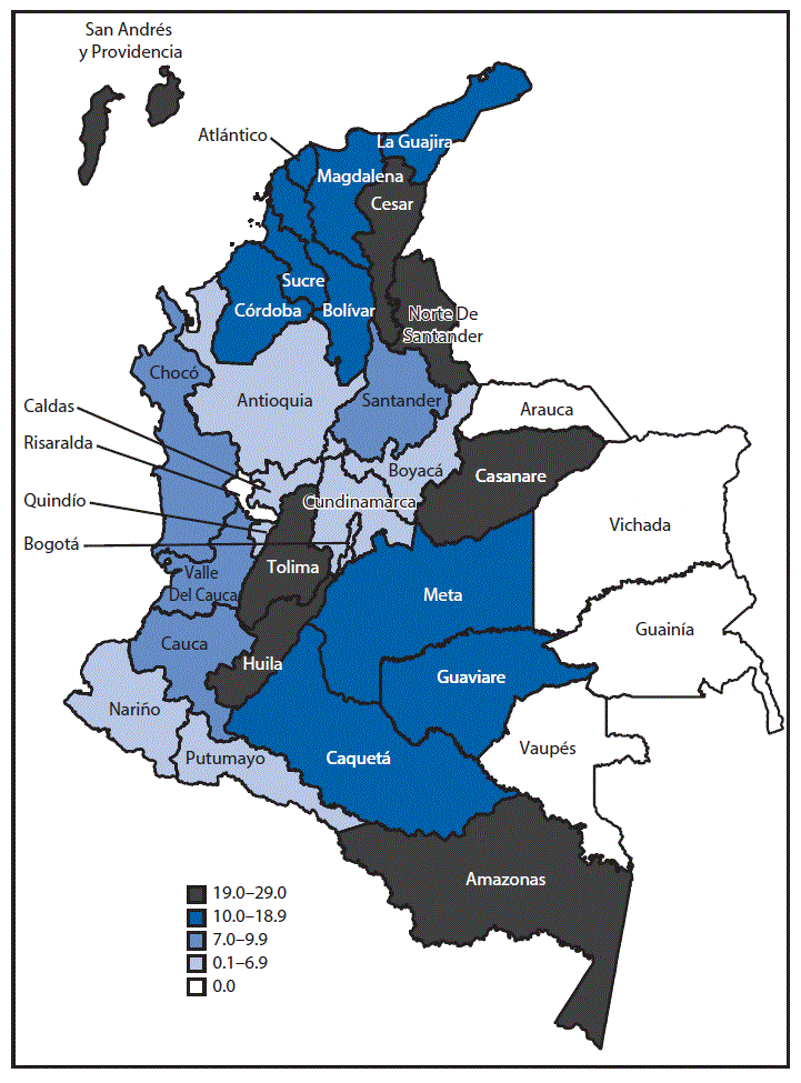 The above figure is a map of Colombia showing the number of cases of congenital microcephaly per 10,000 live births by reporting area during January 31&acirc;November 12 in 2016.