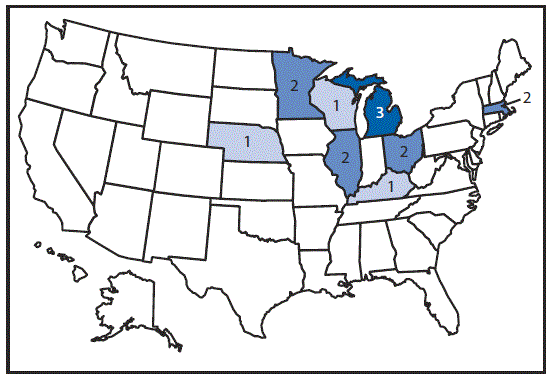 The figure above is a map of the United States showing the number of persons (n = 14) infected with the outbreak strain of Salmonella Oslo, during March 2&acirc;April 9, 2016.