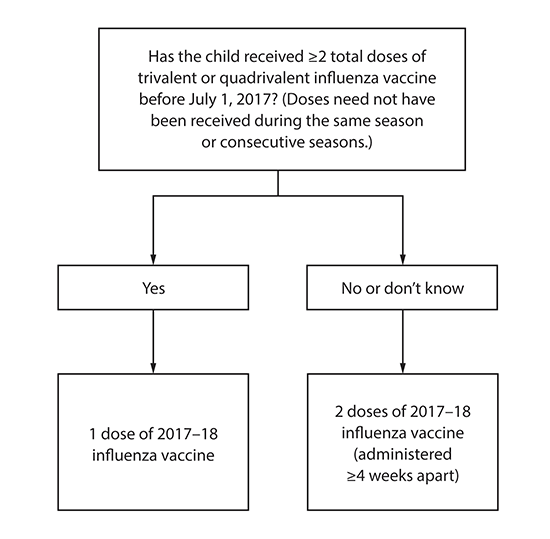 This figure shows the influenza dosing algorithm for health care providers to use to determine the appropriate dose of vaccine for children aged 6 months through 8 years, as recommended by the Advisory Committee on Immunization Practices for the 2017&ndash;18 influenza season in the United States. Health care providers should ask if the child received two or more total doses of trivalent or quadrivalent influenza vaccine before July 1, 2017. (Doses need not have been received during the same season or consecutive seasons.) If the answer is &ldquo;yes,&rdquo; then the child should receive one dose of the 2017&ndash;18 influenza vaccine. If the answer is &ldquo;no&rdquo; or &ldquo;don&rsquo;t know,&rdquo; then the child should receive two doses of the 2017&ndash;18 influenza vaccine (administered four or more weeks apart).