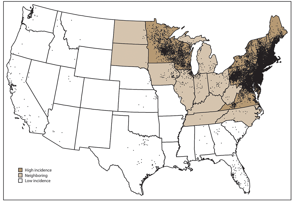 Map of the United States shows the average number of confirmed cases of Lyme disease by county of residence for the years 2008 to 2015. States with an average annual incidence &ge;10 confirmed Lyme disease cases per 100,000 population were classified as high incidence, states that share a border with those states or are located between states with high incidence were classified as neighboring, and all other states were classified as low incidence.