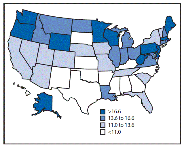 The figure above is a map of the United States showing malignant mesothelioma annualized age-adjusted death rate per 1 million population aged &acirc;&yen;25 years, by state, during 1999&acirc;2015.