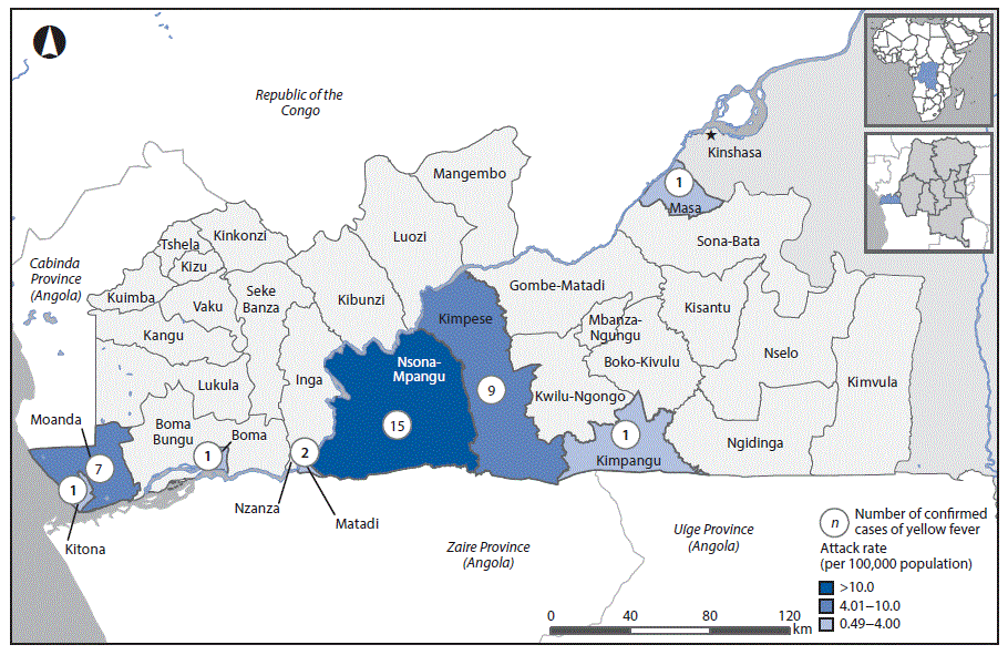 m6612a5f2.gif The figure above is a map indicating the location of 37 confirmed yellow fever cases, by health zone, in the Kongo Central Province of the Democratic Republic of the Congo from January 3 to August 18, 2016.