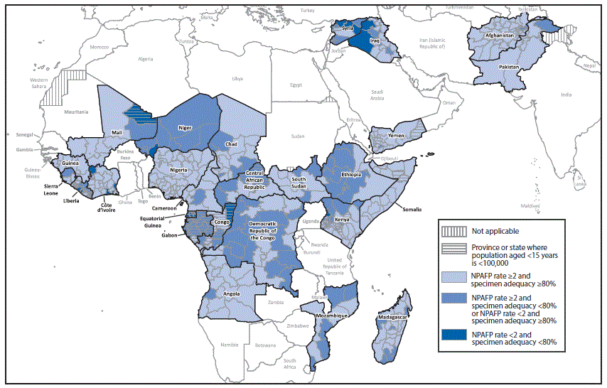 The figure above is a map illustrating locations of the combined performance indicators for the quality of acute flaccid paralysis surveillance in subnational areas (states and provinces) of 26 countries in the World Health Organization African and Eastern Mediterranean Regions that had poliovirus transmission during 2011&acirc;2016 or were affected by the Ebola outbreak in West Africa during 2014&acirc;2015 in 2016.