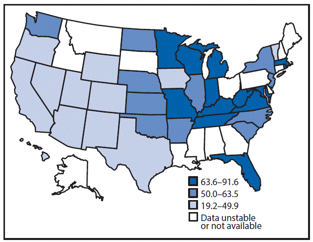 The figure above is a map showing the age-adjusted hospitalization rate (per 100,000 population) for any-listed diagnosis of Crohn&acirc;s disease in the United States in 2013.