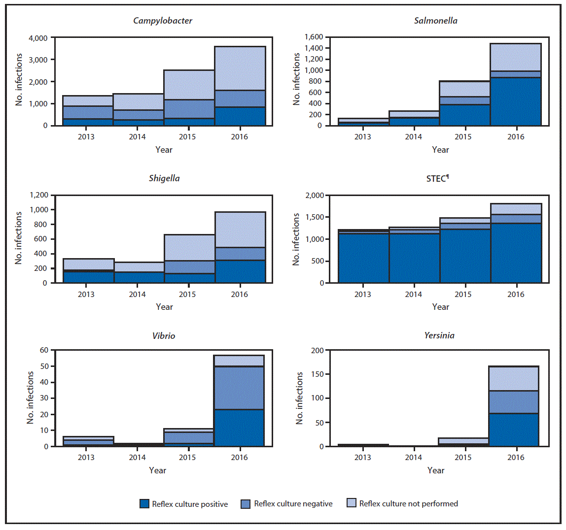 The figure above is a group of bar charts showing the number of infections with positive culture-independent diagnostic test results for six pathogens (Campylobacter, Salmonella, Shigella, Shiga toxin&acirc;producing Escherichia coli, Vibrio, and Yersinia), by year and culture status, which were reported to FoodNet, from 10 U.S. sites from 2013 to 2016.