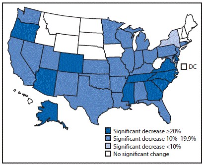 The figure above is a map of the United States showing the percentage change in repeat teen births, by state, during 2004&acirc;2015.