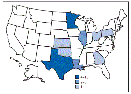 The figure above is a map showing the number of persons (N = 32) infected with the outbreak strain of Salmonella Anatum, by state during May 6&ndash;July 9, 2016.