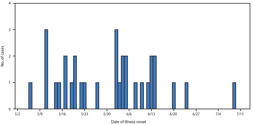 The figure above is a histogram of the number of persons (N = 32) infected with the outbreak strain of Salmonella Anatum, by date of illness onset in nine U.S. states during May 6&ndash;July 9, 2016.