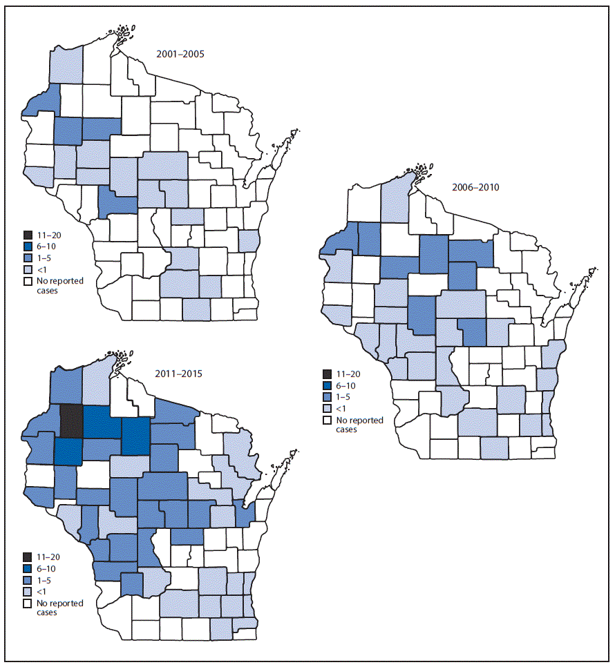The figure above is a series of three maps of Wisconsin showing the geographic distribution of confirmed cases of babesiosis per 100,000 residents by county of residence during 2001&ndash;2005, 2006&ndash;2010, and 2011&ndash;2015.