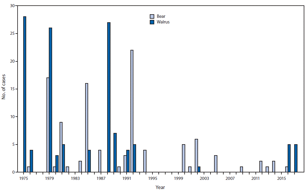 The figure above is a bar chart showing the number of cases (N = 227) of trichinellosis associated with consumption of bear or walrus, by year in Alaska during 1975&ndash;2017.