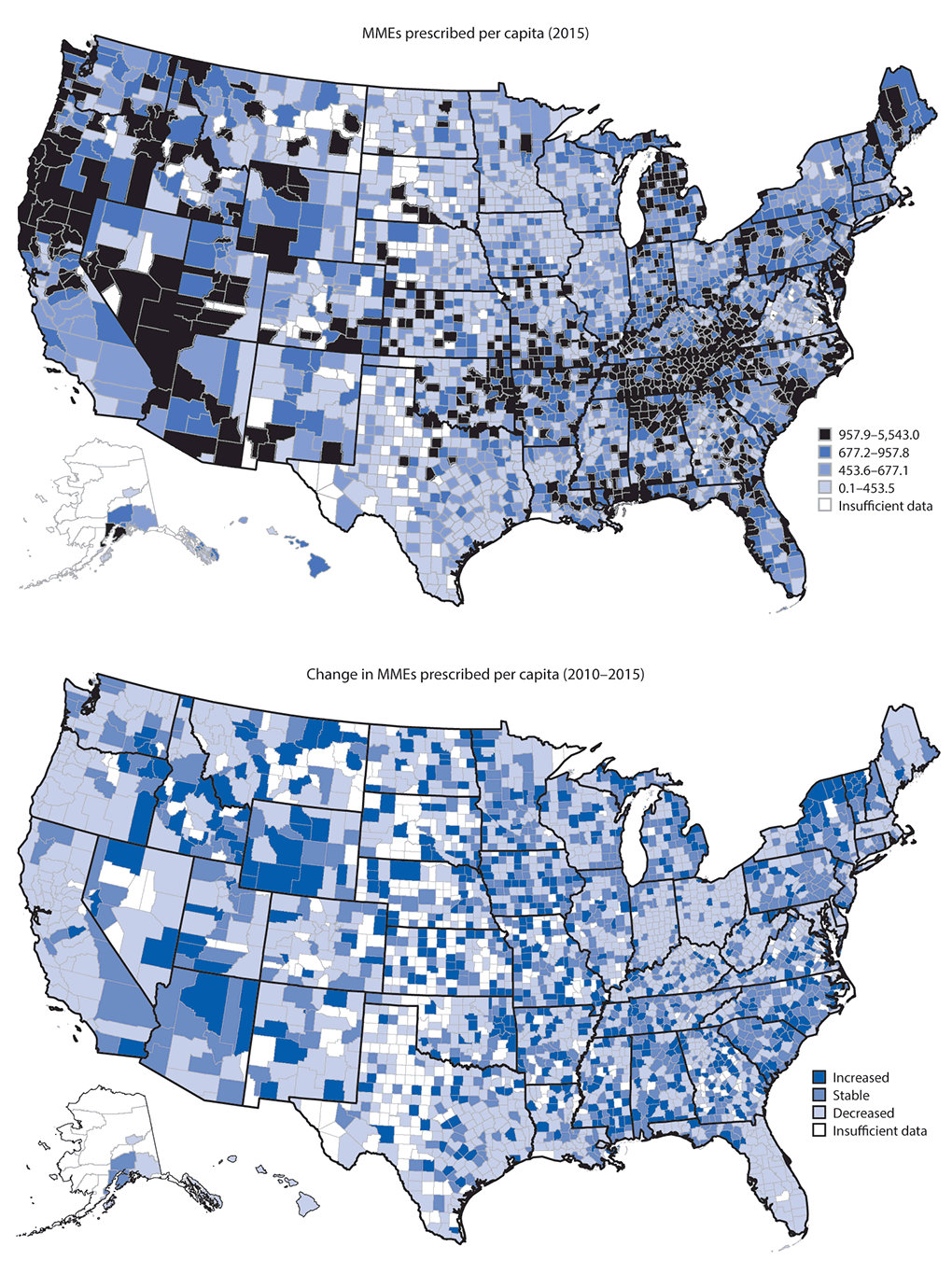 The figure above is a set of two maps of the United States showing the morphine milligram equivalents (MMEs) of opioids prescribed per capita in 2015 and change in MMEs per capita during 2010&ndash;2015, by county.