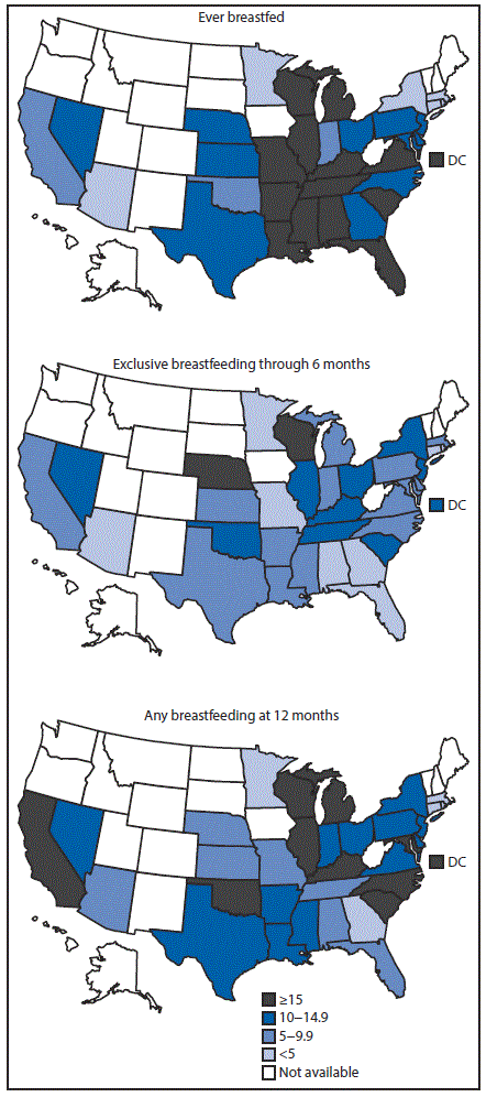 The figure above is a series of three maps of the United States showing the percentage point difference in breastfeeding indicators between non-Hispanic white and non-Hispanic black infants on the National Immunization Survey during 2011&ndash;2015.