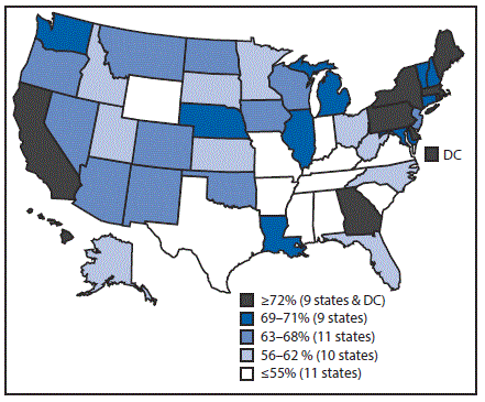 The figure above is a map of the United States showing estimated vaccination coverage of &ge;1 dose of human papillomavirus vaccine among female adolescents aged 13&ndash;17 years by state during 2016, based on data from the National Immunization Survey&ndash;Teen.
