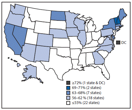 The figure above is a map of the United States showing estimated vaccination coverage of &ge;1 dose of human papillomavirus vaccine among male adolescents aged 13&ndash;17 years, by state during 2016, based on data from the National Immunization Survey&ndash;Teen.
