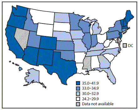 The figure above is a map of the United States showing annual age-adjusted rates of acute lymphoblastic leukemia among persons aged <20 years, by state, in the United States during 2001&ndash;2014.