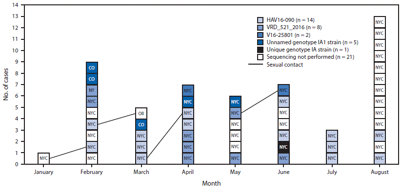 The figure above is a chart showing 51 cases of hepatitis A virus infection involving men who have sex with men, by month of symptom onset, HAV genotype, and reported sexual contact, reported in New York City during January&ndash;August, 2017.