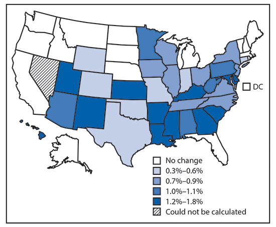 The figure above is a map showing the average annual percent change in incidence of overweight- and obesity-related cancers by quartile in the United States during 2005&ndash;2014.