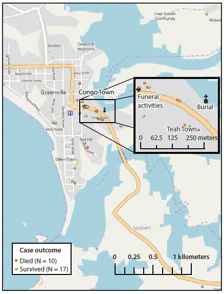 The figure above is a spot map showing the cases and location of funeral events after an unexplained cluster of illnesses and deaths in Sinoe County, Liberia during April&ndash;May, 2017.