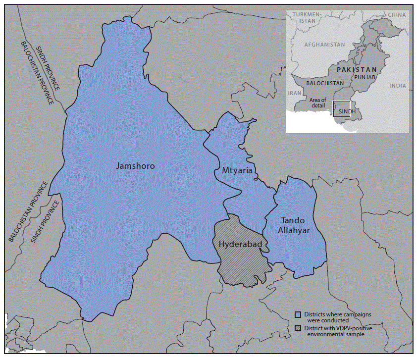 The figure above is a map showing the location of fractional inactivated poliovirus vaccine campaign in Sindh Province, Pakistan during October&ndash;November 2016.