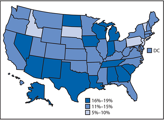 The figure above is a map of the United States showing the percentage of undiagnosed human immunodeficiency virus (HIV) infections among persons aged &ge;13 years living with diagnosed or undiagnosed HIV Infection, by state, in 2015.