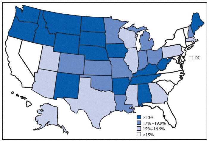 The figure above is a map showing that overall, 15.9%26#37; of U.S. adults aged &ge;18 years had any hearing loss during 2014&ndash;2016. The prevalence of any hearing loss was lowest in New Jersey (10.6%26#37;), Connecticut (11.0%26#37;), Maryland (11.0%26#37;), California (12.3%26#37;), New York (12.6%26#37;), and the District of Columbia (8.6%26#37;). The prevalence of any hearing loss was highest in West Virginia (24.7%26#37;), Oregon (24.6%26#37;), Montana (23.8%26#37;), Idaho (23.1%26#37;), and Wyoming (22.3%26#37;).