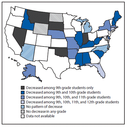 The figure above is a map of the United States showing trends in prevalence of ever having had sexual intercourse among high school students, by grade within state for 29 states, based on data from the Youth Risk Behavior Surveys for 29 States during 2005&ndash;2015.