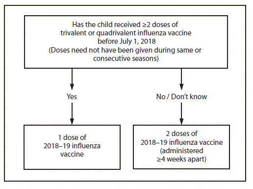 The figure above portrays the influenza vaccine dosing algorithm for children aged 6 months through 8 years recommended by the Advisory Committee on Immunization Practices for the 2018&ndash;19 influenza season in the United States. If the child has received 2 or more doses of trivalent or quadrivalent influenza vaccine before July 1, 2018 (doses need not have been given during same or consecutive seasons), the child should receive 1 dose of 2018&ndash;19 influenza vaccine. If the child has not received 2 or more doses of trivalent or quadrivalent influenza vaccine before July 1, 2018, or if it is not known whether the child has received vaccine, the child should receive 2 doses of 2018&ndash;19 influenza vaccine (administered 4 or more weeks apart).