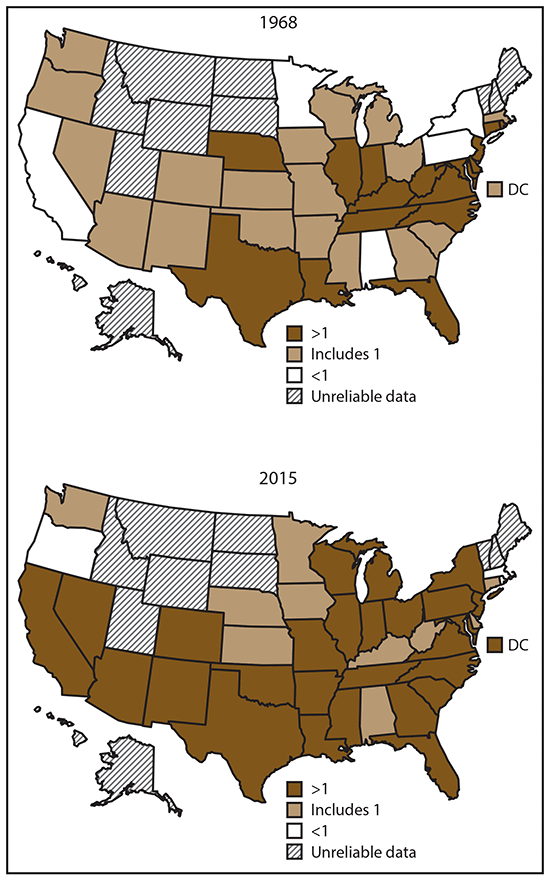 Figure 4 consists of two maps of the United States showing black-white heart disease death mortality ratios among adults aged &ge;35 years in 1968 and 2015