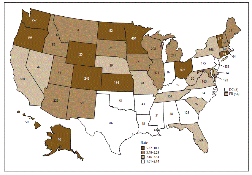 The figure above is a map of the United States showing the rate of foodborne disease outbreaks per 1 million population and the number of outbreaks, by state, for 2009&ndash;2015 as reported to CDC&rsquo;s Foodborne Disease Outbreak Surveillance System.