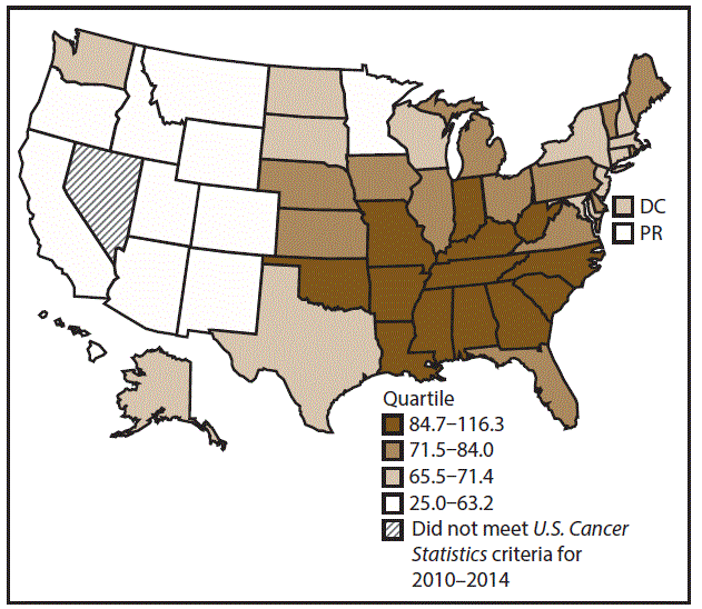This figure is a U.S. map showing the incidence rates for male lung, bronchial, and tracheal cancers for 2010&ndash;2014.