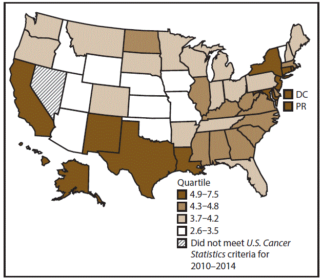 This figure is a U.S. map showing the incidence rates for female stomach cancer for 2010&ndash;2014.